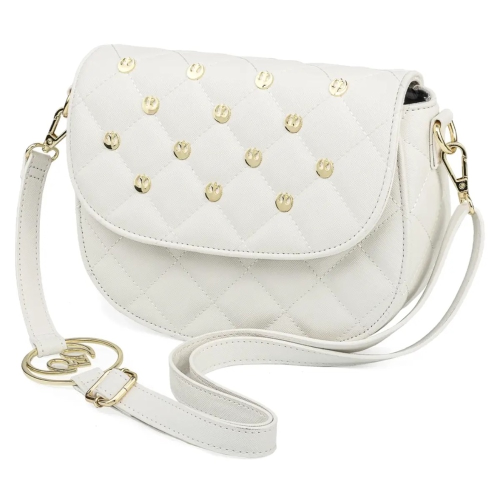 LOUNGEFLY x  STAR WARS White Quilted Rebel Gold Hardware Crossbody Bag NWT!